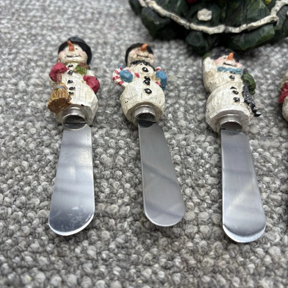 Snowman Cheese Butter Jam Spreaders In Festive Christmas Tree Holder Resin‎